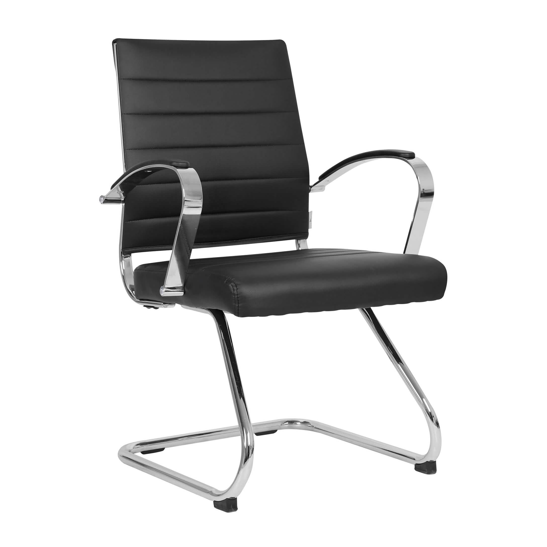 Benmar Mid-Back Office Conference Chair Upholstered in Leather with Stainless Steel Sled Base Black Office Chair Leisuremod